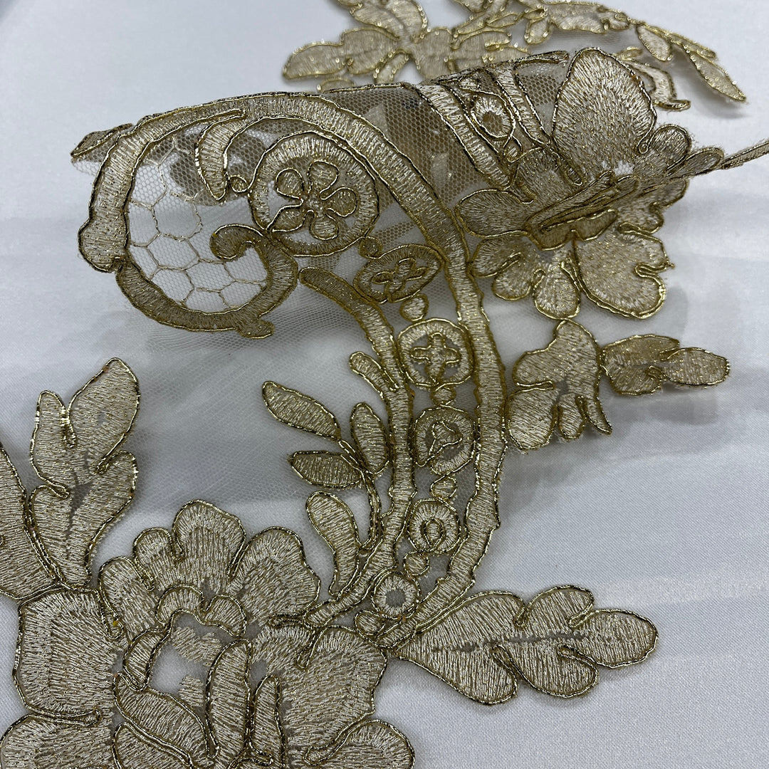 1 Pair 22" x 5" Corded Floral Lace Applique 100% Polyester Net Mesh