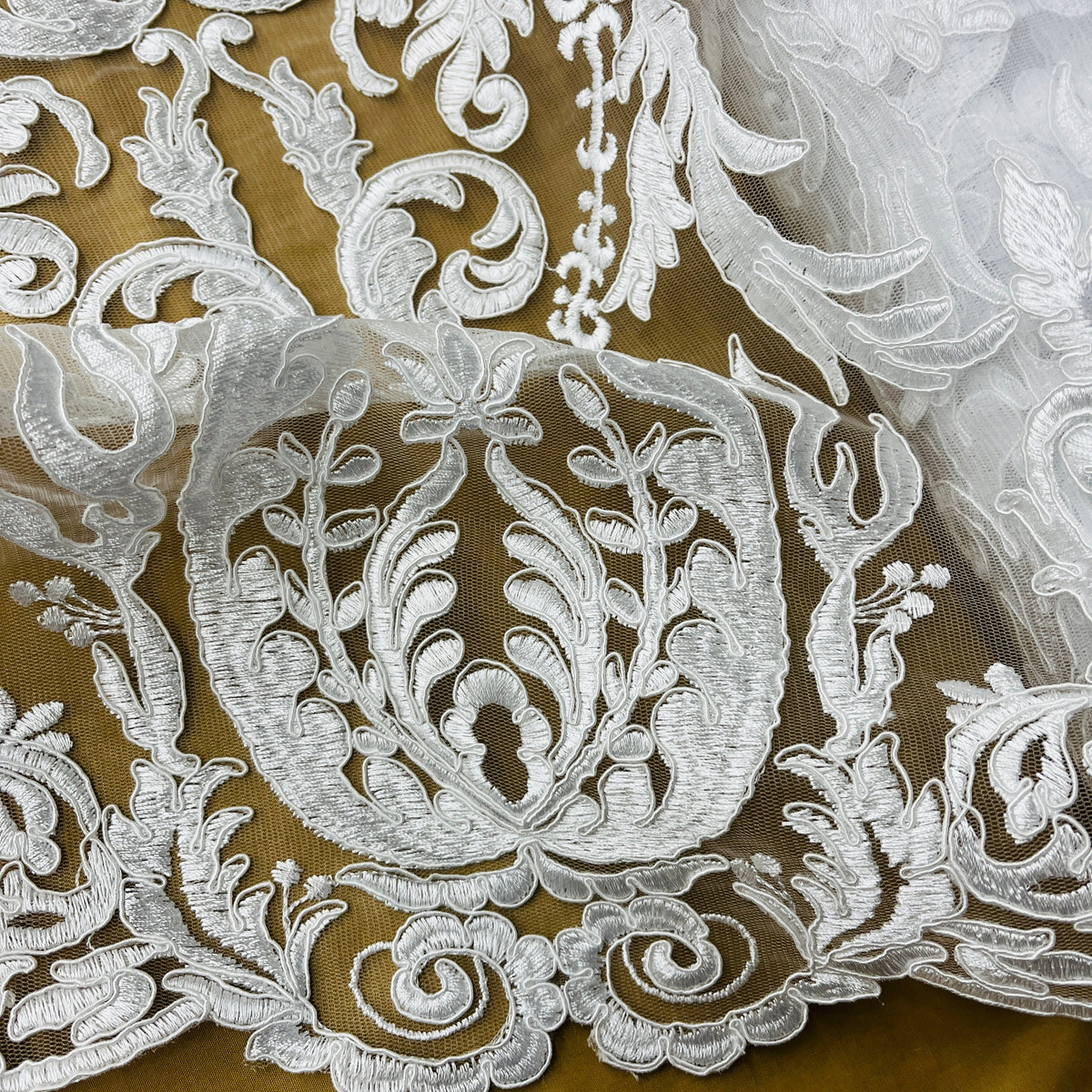 1 Yard Corded Bridal Lace Fabric, Embroidered 100% Polyester Net Mesh for Wedding Dresses