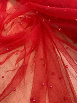 1 Yard Glitter Mesh Fabric with Scattered Pearls | 2 Way Stretch | 60" Wide | Soft Tulle for Gowns, Veils & Couture Projects