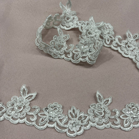 1 Yard Elegant Beaded & Sequined Embroidered Lace Fabric on 100% Polyester Mesh, GD-2193