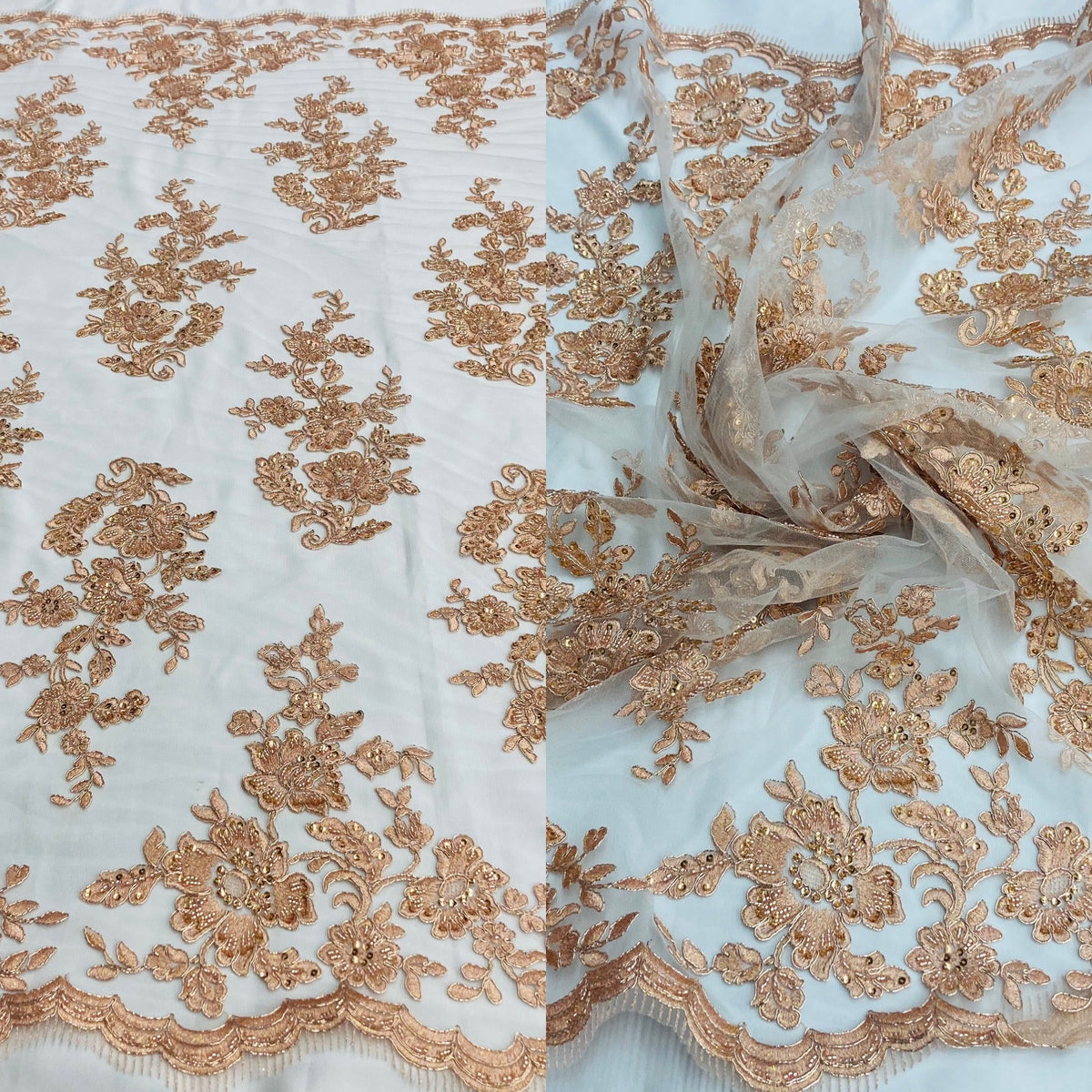 1 Yard Beaded & Corded Bridal Lace Fabric 51" Wide Embroidered on 100% Polyester Net Mesh