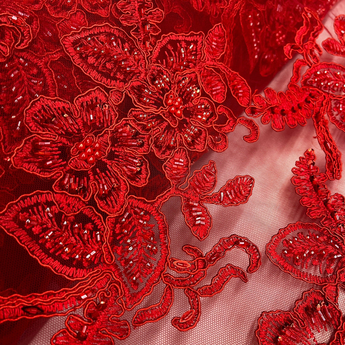 1 Yard 50" Wide Beaded & Corded Lace Fabric Embroidered on 100% Polyester Net Mesh