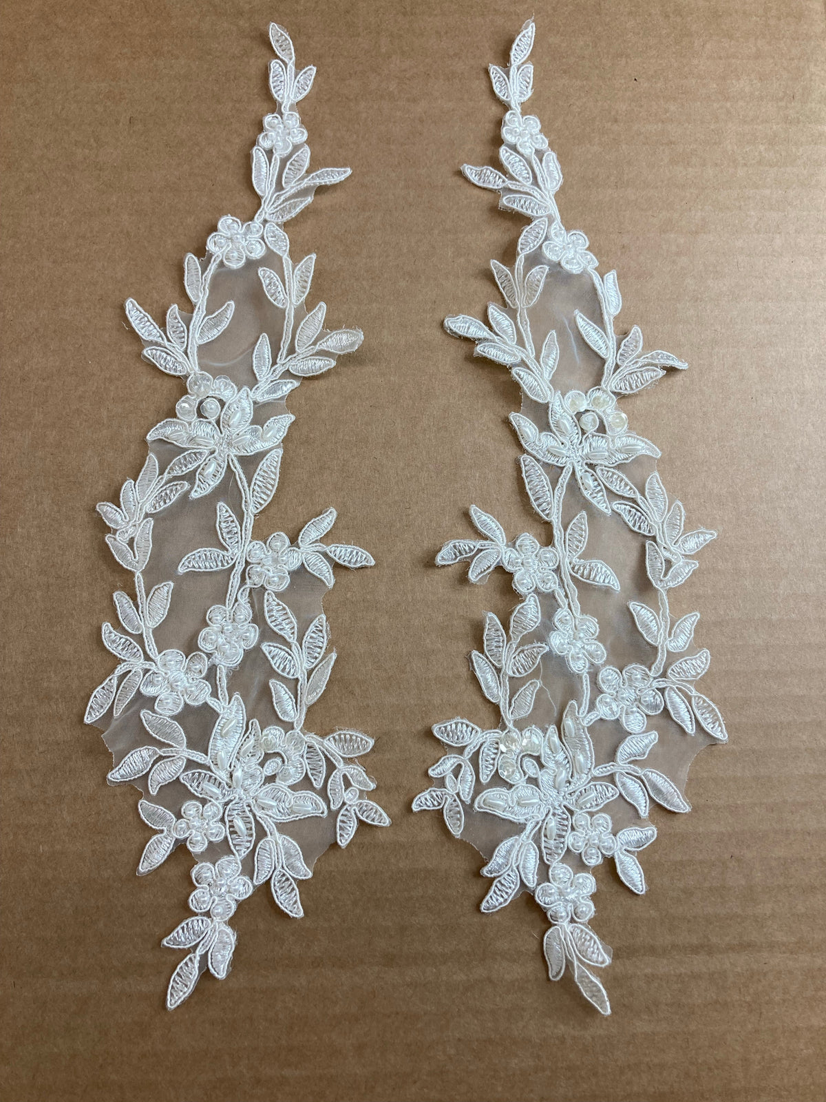 1 Yard Beaded and Corded Floral Lace Applique 13" x 4" Each Side