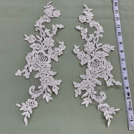 1 Pair 15" x 3.5" Beaded & Corded Floral Lace Applique Embroidered on 100% Polyester Net Mesh