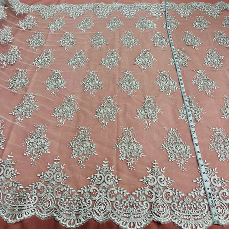 Corded Bridal Lace Fabric Embroidered Polyester Net Mesh 56 Inch