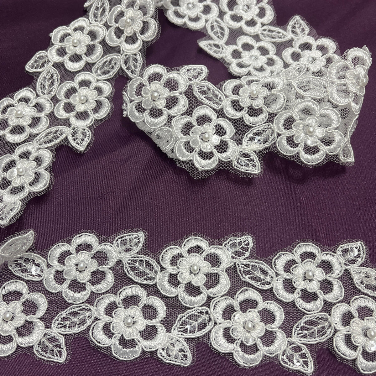 1 Yard Elegant Beaded & Corded Lace Trim, Embroidered 100% Polyester Fabric
