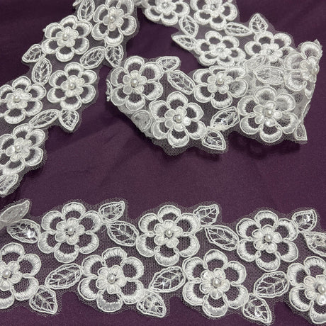 1 Yard Elegant Beaded & Corded Lace Trim, Embroidered 100% Polyester Fabric