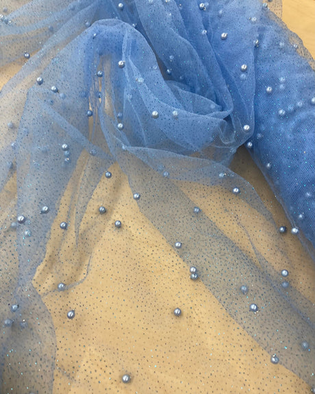 1 Yard Glitter Mesh Fabric with Scattered Pearls | 2 Way Stretch | 60" Wide | Soft Tulle for Gowns, Veils & Couture Projects