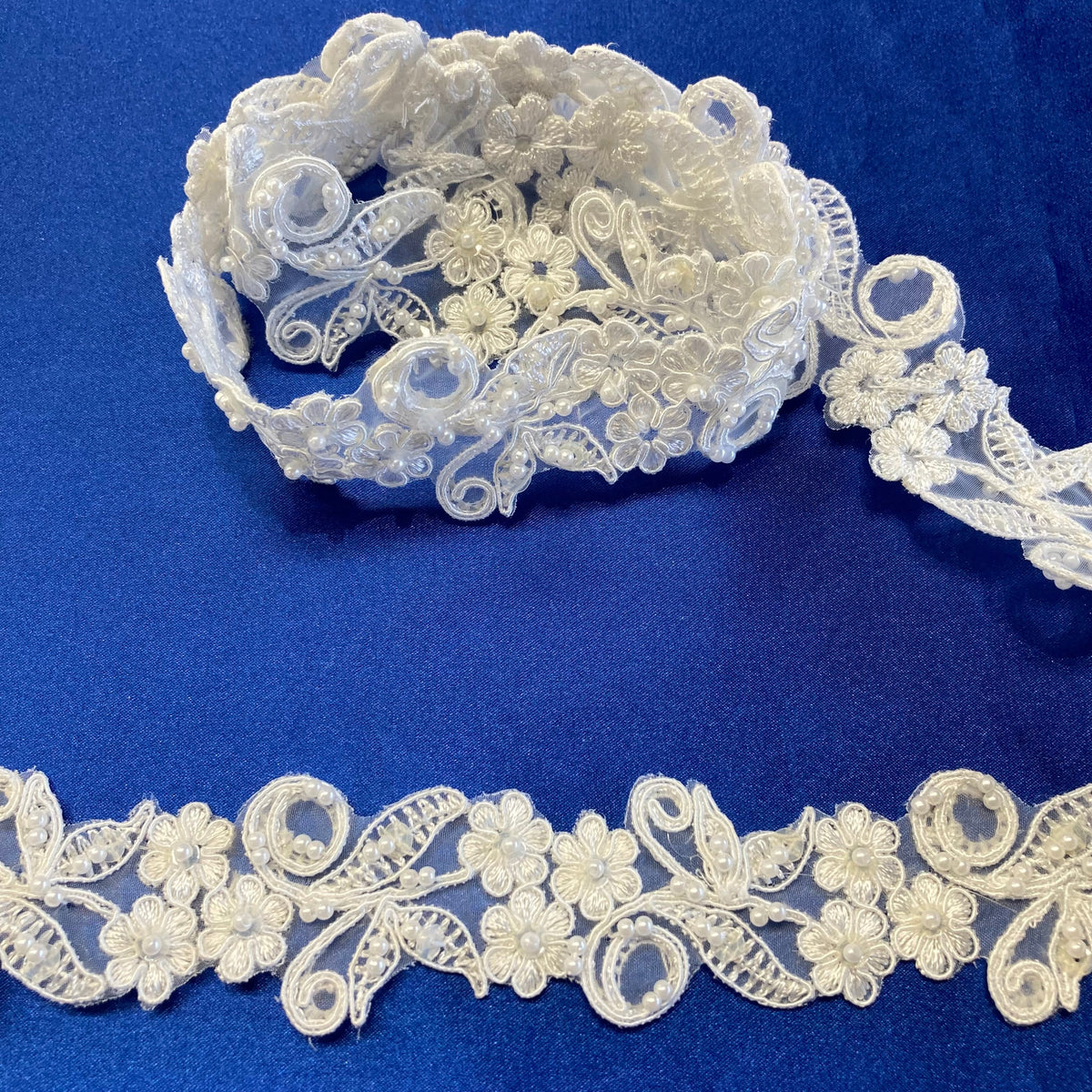 1 Yard Beaded & Corded Lace Trimming Embroidered on 100% Polyester Organza 1.5" Wide