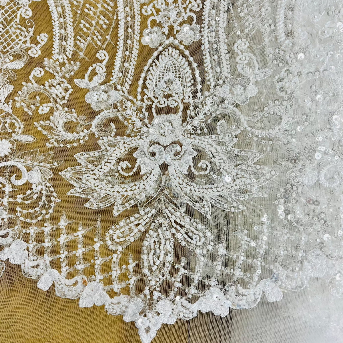 1 Yard Beaded Lace Fabric Embroidered on 100% Polyester Net Mesh, Elegant Sheer Textile