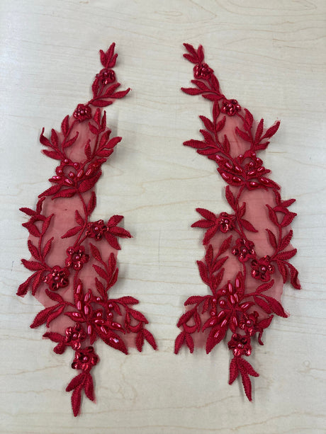 1 Yard Beaded Floral Lace Applique Embroidered on 100% Polyester Organza 10" x 2.5" Each Side