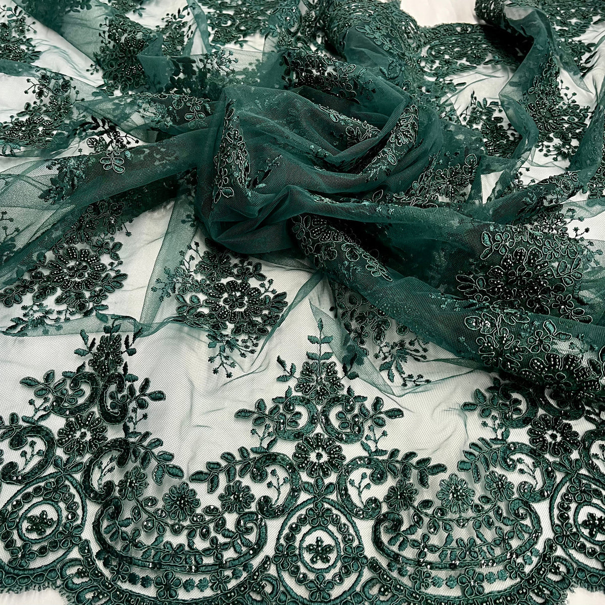 1 Yard Beaded & Corded Lace Fabric on 100% Polyester Net Mesh, Elegant Embroidered Lace Material