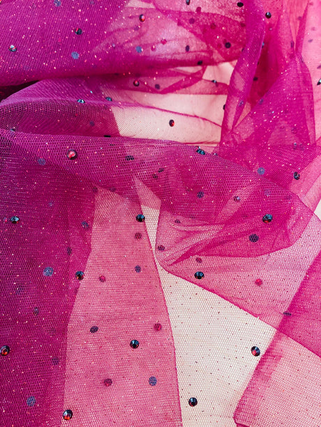 1 Yard Glitter Mesh Fabric with Scattered Rhinestones | 60" Wide | 2 Way Stretch Sparkle Mesh for Gowns, Bridal Wear & Costumes