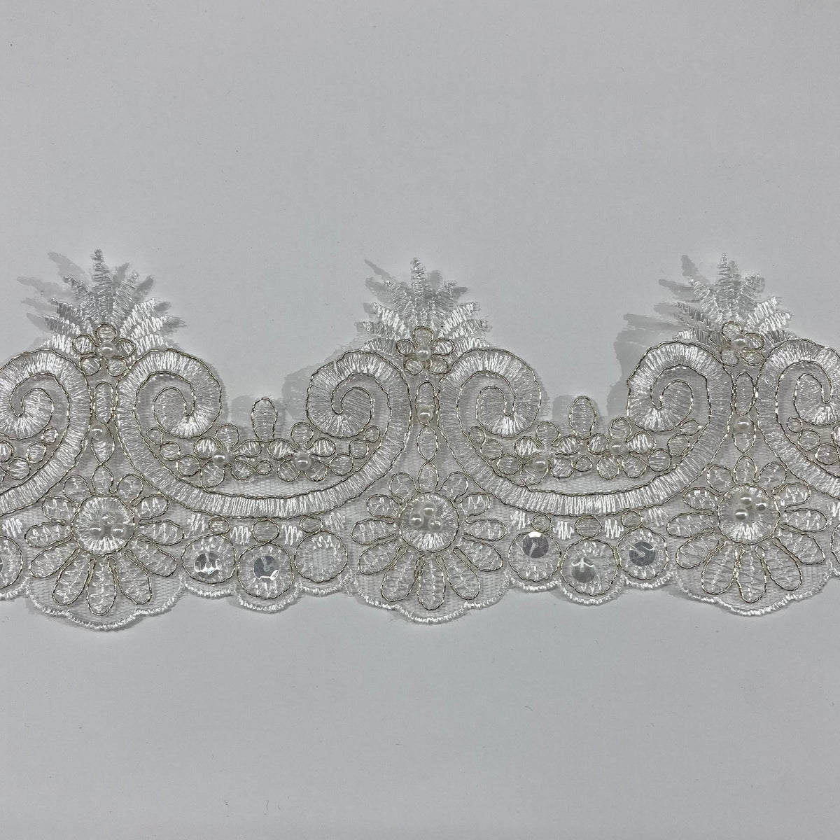 1 Yard Beaded & Corded Lace Trimming Embroidered on 100% Polyester Net Mesh 4" Wide