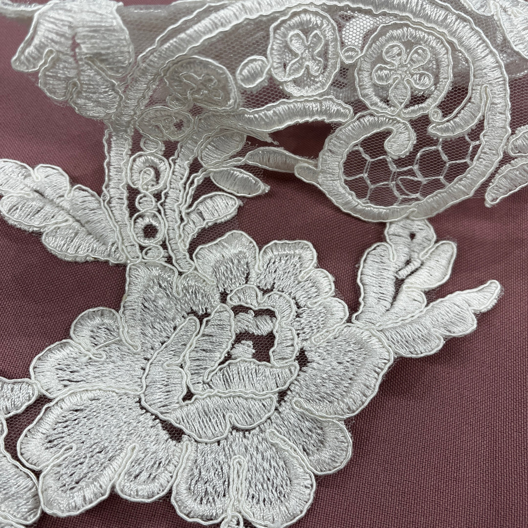 1 Pair 22" x 5" Corded Floral Lace Applique 100% Polyester Net Mesh