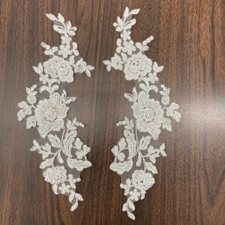 1 Pair 13" x 3" Beaded & Corded Floral Lace Applique on 100% Polyester Net Mesh