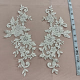 1 Pair Beaded & Corded Floral Lace Applique 100% Polyester Net Mesh 12.5" x 5"