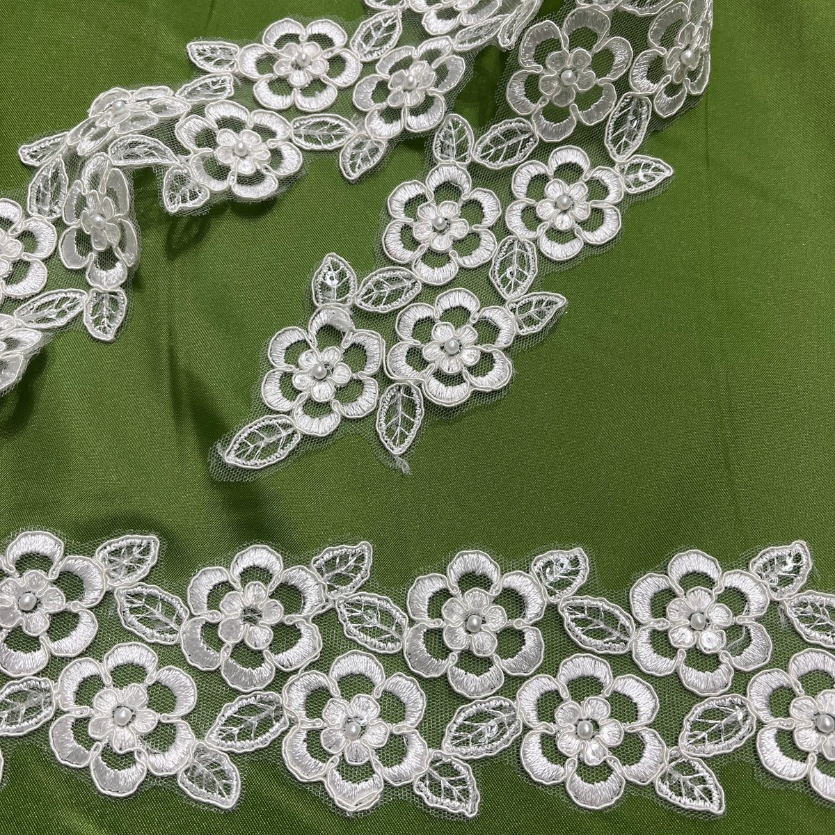 1 Yard Elegant Beaded & Corded Lace Trim, Embroidered 100% Polyester Fabric