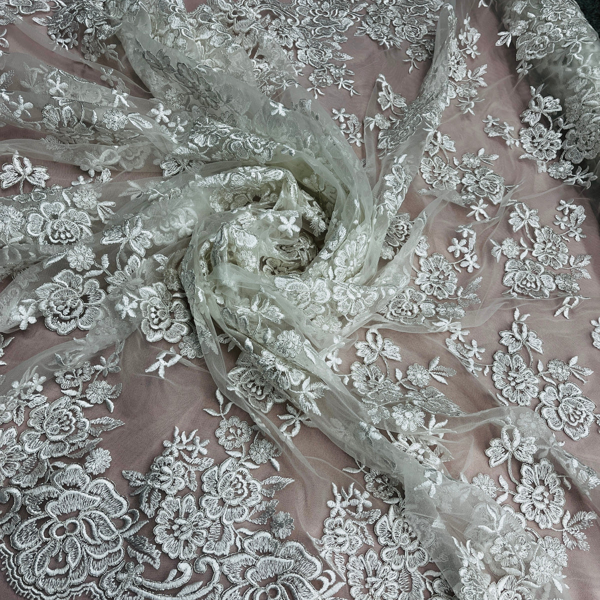 1 Yard Elegant Beaded Corded Lace Trim on Sheer 100% Polyester Organza, Embroidered Floral Design