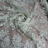1 Yard Elegant Beaded Corded Lace Trim on Sheer 100% Polyester Organza, Embroidered Floral Design