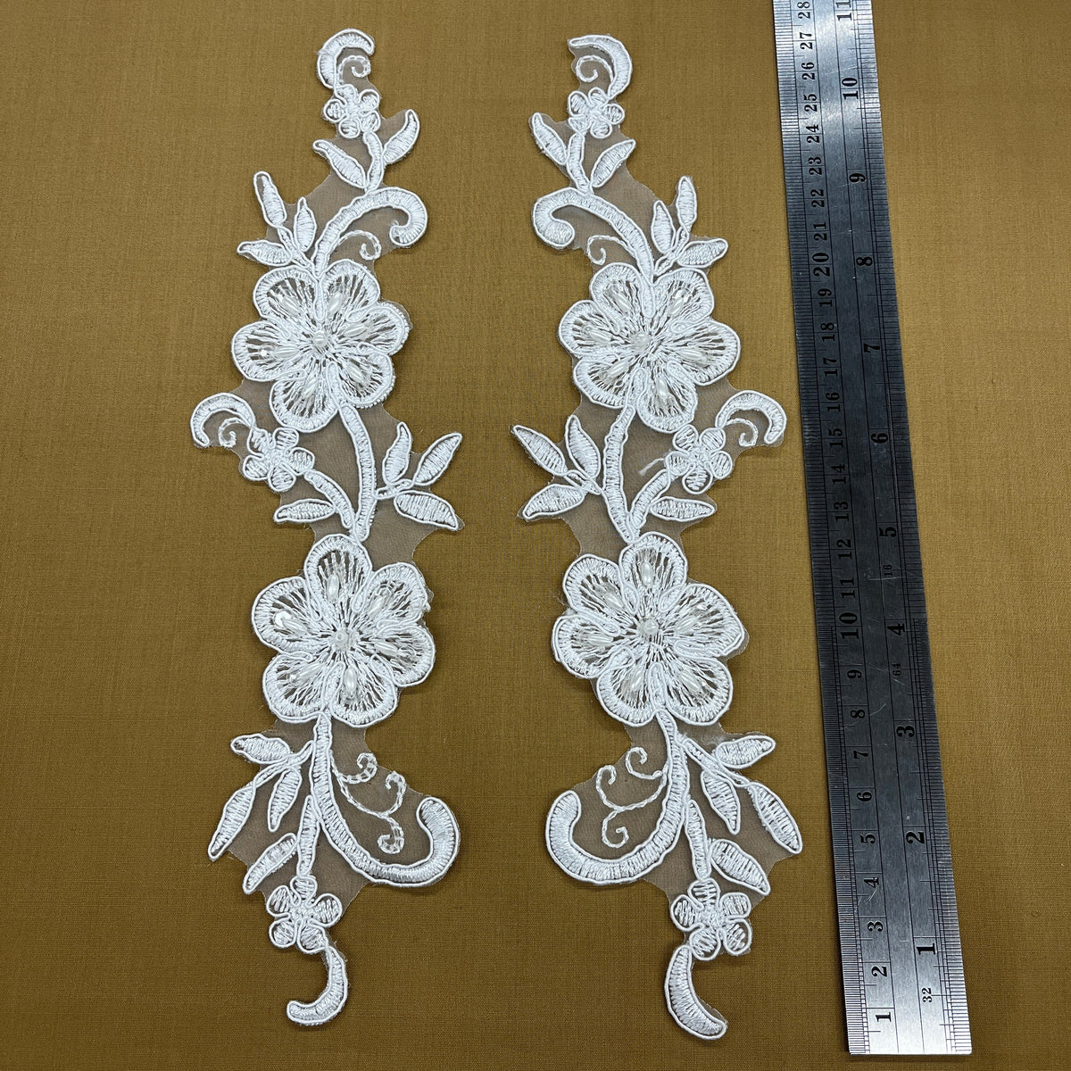 1 Yard Beaded & Corded Lace Applique Embroidered on Polyester Organza for Bridal & Evening Wear 10" X 2"