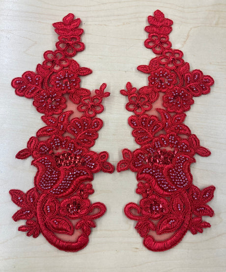 1 Pair 10" x 3.5" Each Side Beaded & Corded Floral Lace Applique100% Polyester Net Mesh