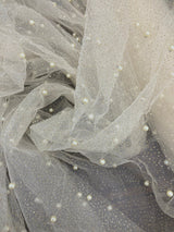 1 Yard Glitter Mesh Lace Fabric with Scattered Pearls 2-Way Stretch 60" Wide by Lace USA