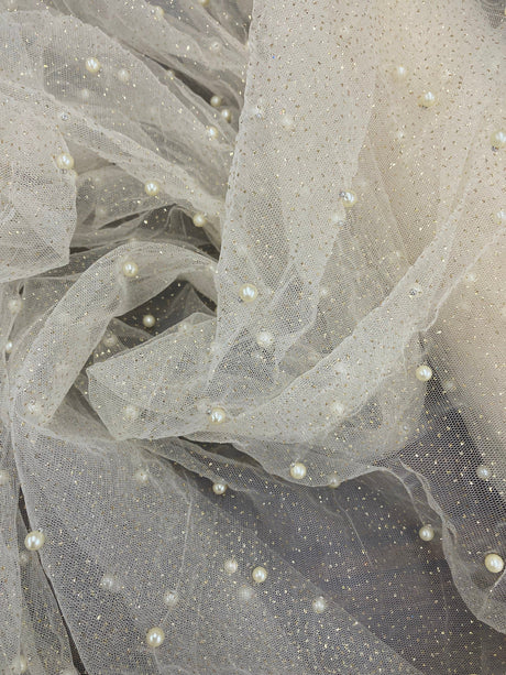 1 Yard Glitter Mesh Lace Fabric with Scattered Pearls 2-Way Stretch 60" Wide by Lace USA