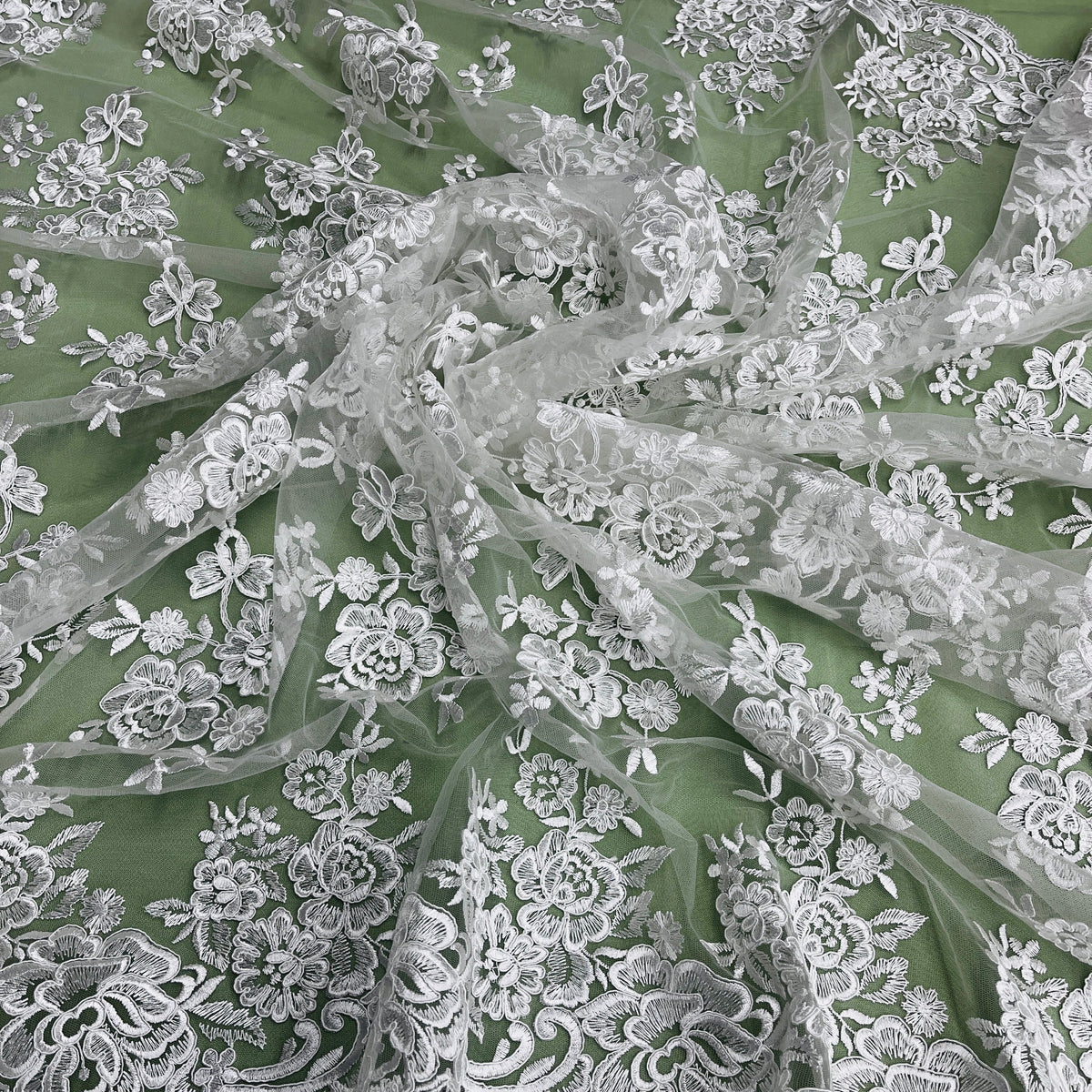 1 Yard Elegant Beaded Corded Lace Trim on Sheer 100% Polyester Organza, Embroidered Floral Design