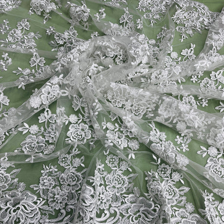1 Yard Elegant Beaded Corded Lace Trim on Sheer 100% Polyester Organza, Embroidered Floral Design