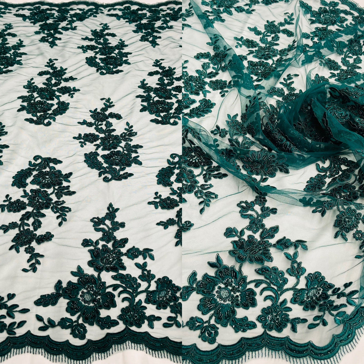 1 Yard Beaded & Corded Bridal Lace Fabric 51" Wide Embroidered on 100% Polyester Net Mesh