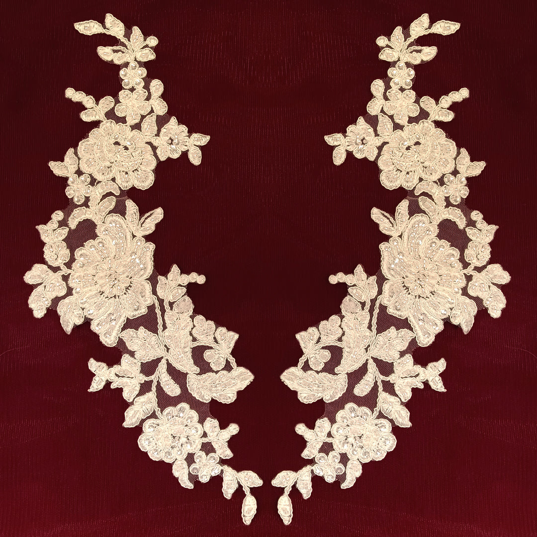 1 Pair 13" x 3" Beaded & Corded Floral Lace Applique on 100% Polyester Net Mesh