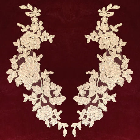 1 Pair 13" x 3" Beaded & Corded Floral Lace Applique on 100% Polyester Net Mesh