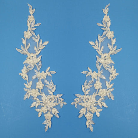 1 Pair Beaded & Corded Floral Lace Applique Embroidered on 100% Polyester Organza 13" x 4" Each Side