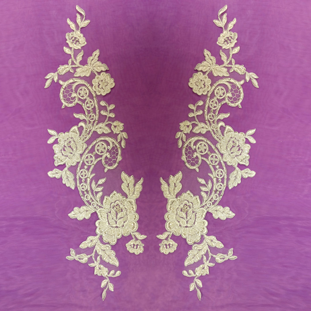 1 Pair 20" x 5.5" Beaded & Corded Floral Lace Applique on 100% Polyester Mesh