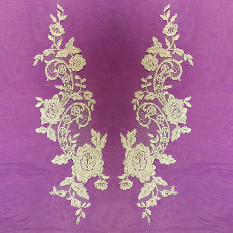 1 Pair 20" x 5.5" Beaded & Corded Floral Lace Applique on 100% Polyester Mesh