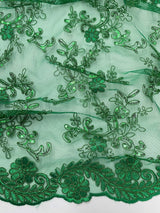 Elena'S Lace Kelly Green Polyester Lace Fabric - Kelly Green Corded Mesh Embroidered With Sequins, Double Scalloped Edge, 54" Width (1 Yard)