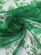 Elena'S Lace Kelly Green Polyester Lace Fabric - Kelly Green Corded Mesh Embroidered With Sequins, Double Scalloped Edge, 54" Width (1 Yard)