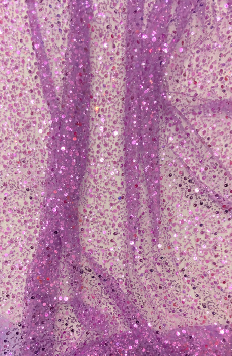 1 yard Lilac Mesh Lace Fabric with Beads Pearls Sequins for Gowns Dresses Craft 54'' Width