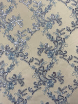 Elena's Lace Polyester Fabric - Light Blue Corded Mesh Embroidered With Sequins, Double Scalloped Edge, 54" Width (1 Yard)