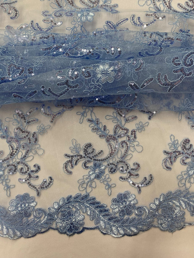 Elena's Lace Polyester Fabric - Light Blue Corded Mesh Embroidered With Sequins, Double Scalloped Edge, 54" Width (1 Yard)