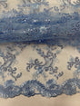 Elena's Lace Polyester Fabric - Light Blue Corded Mesh Embroidered With Sequins, Double Scalloped Edge, 54" Width (1 Yard)