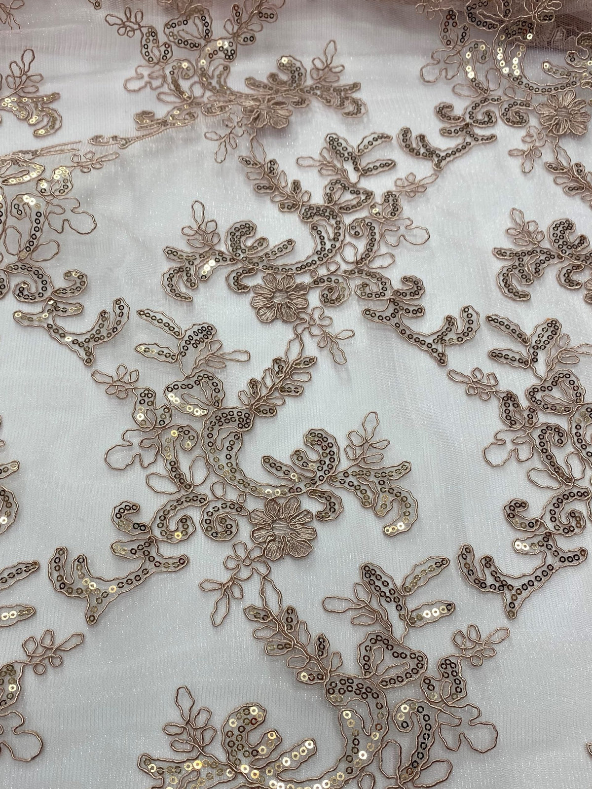 Elena'S Lace Mauve Polyester Fabric - Mauve Corded Mesh Embroidered With Sequins, Double Scalloped Edge, 54" Width (1 Yard)
