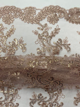Elena'S Lace Mauve Polyester Fabric - Mauve Corded Mesh Embroidered With Sequins, Double Scalloped Edge, 54" Width (1 Yard)