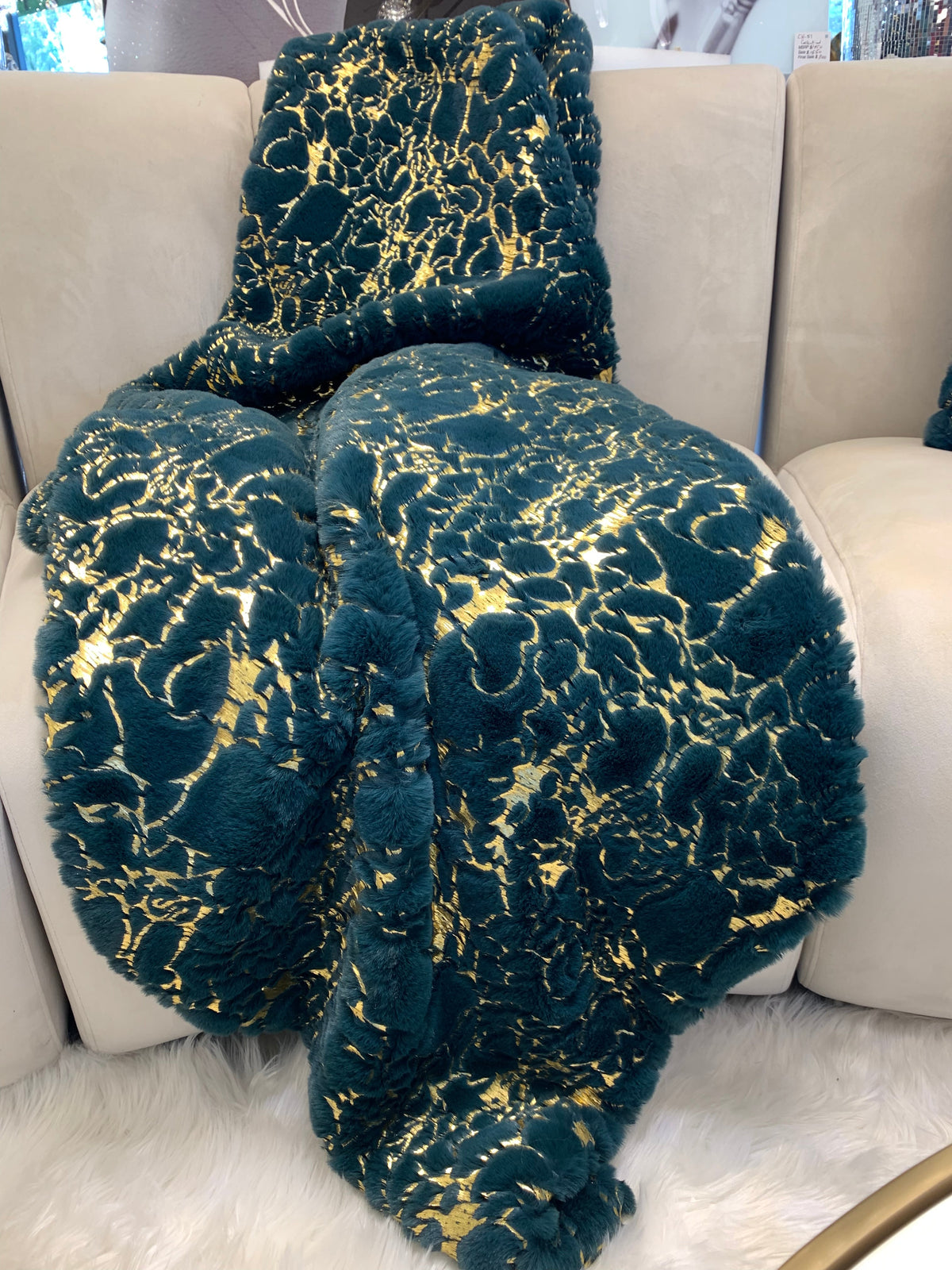 Metallic Golden Shimmery Faux Fur Blanket Luxurious Soft Throw & Quilt with Crystal Velvet Backing