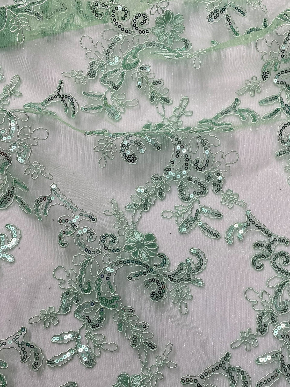 Elena's Lace Polyester Lace Fabric - Mint Green Corded Mesh Embroidered With Sequins, Double Scalloped Edge, 54" Width (1 Yard)