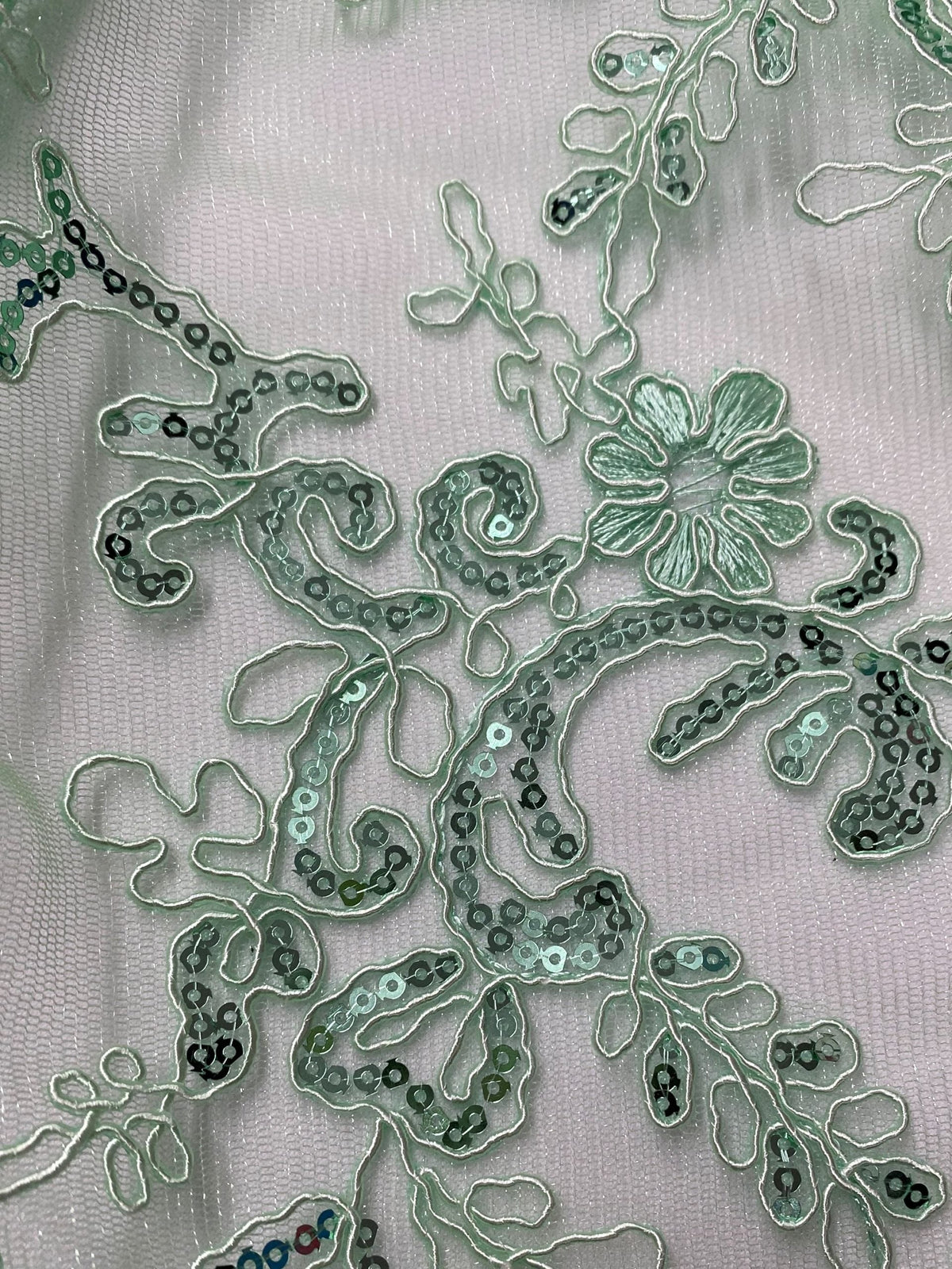 Elena's Lace Polyester Lace Fabric - Mint Green Corded Mesh Embroidered With Sequins, Double Scalloped Edge, 54" Width (1 Yard)