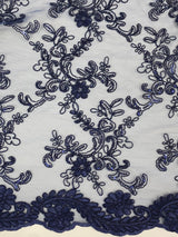 Elena's Lace Navy Blue Polyester Lace Fabric - Navy Blue Corded Mesh Embroidered With Sequins, Double Scalloped Edge, 54" Width (1 Yard)