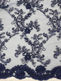 Elena's Lace Navy Blue Polyester Lace Fabric - Navy Blue Corded Mesh Embroidered With Sequins, Double Scalloped Edge, 54" Width (1 Yard)