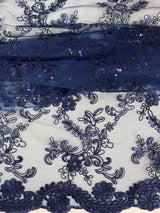 Elena's Lace Navy Blue Polyester Lace Fabric - Navy Blue Corded Mesh Embroidered With Sequins, Double Scalloped Edge, 54" Width (1 Yard)